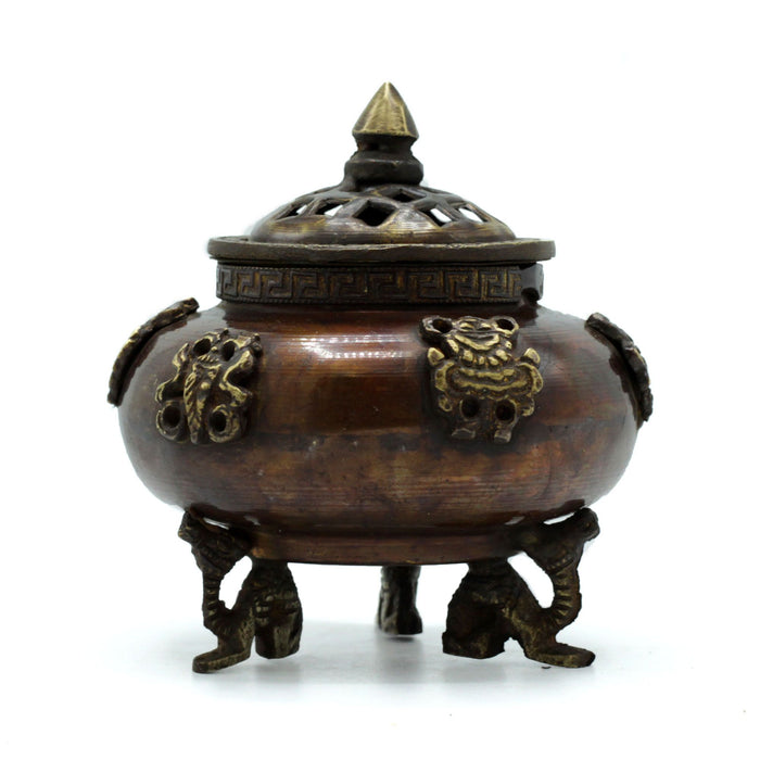 Brass Tibetan Incense Burner - Standing Pot, Six Symbols