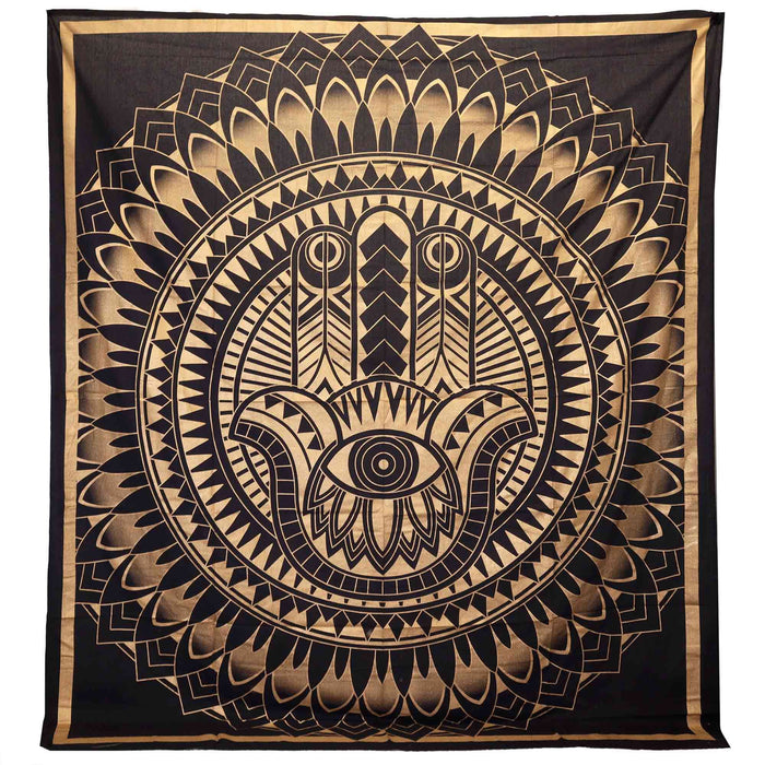Double Cotton Bedspread / Wall Hanging - Hamsa - Black & Gold