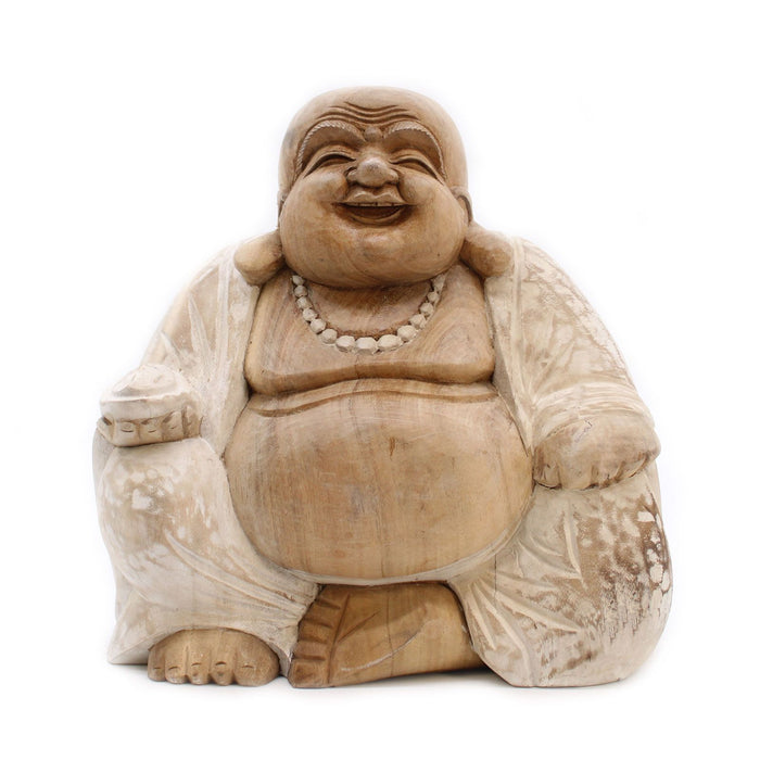 Geschnitzter Holz-Glücks-Buddha – Weiß getüncht 30 cm