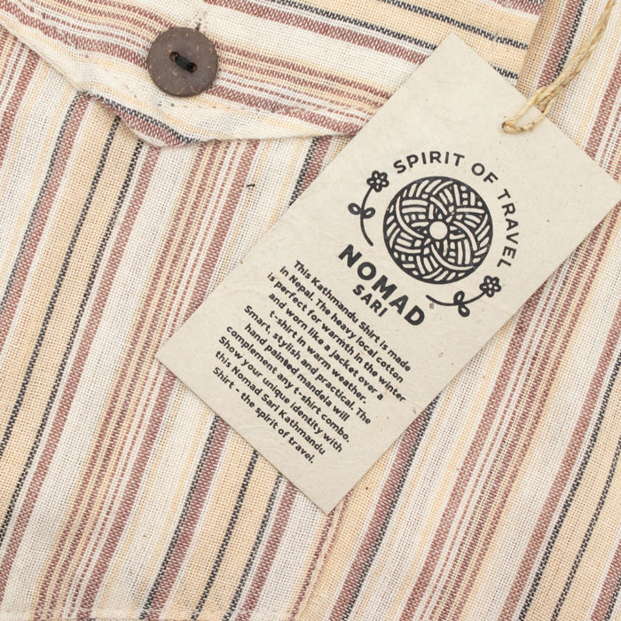 Striped Cotton Grandad Shirt - Brown Beige (Medium)