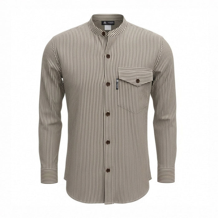 Striped Cotton Grandad Shirt - Grey Stone (Large)