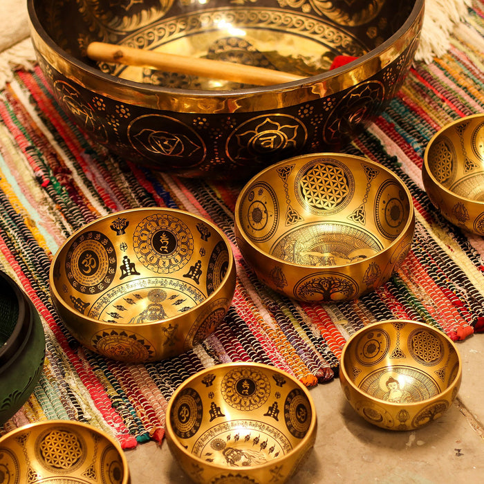Set of 4 Etched Brass Singing Bowls - Buddha