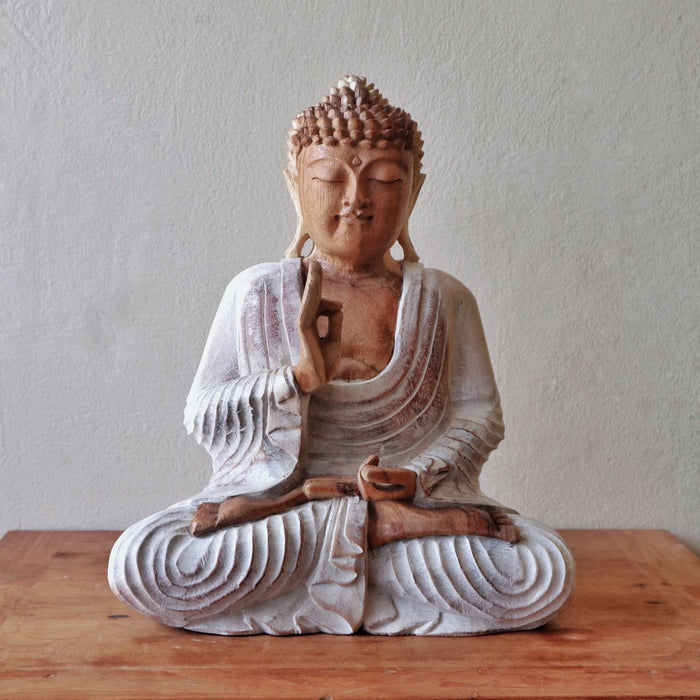 Carved Wood Buddha Statue, Teaching Transmission - Whitewash 40cm