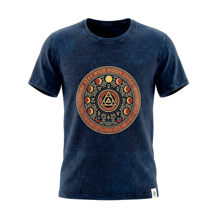 Stonewashed Cotton T-Shirt - Stay Wild Moon Child, Blue (Small)