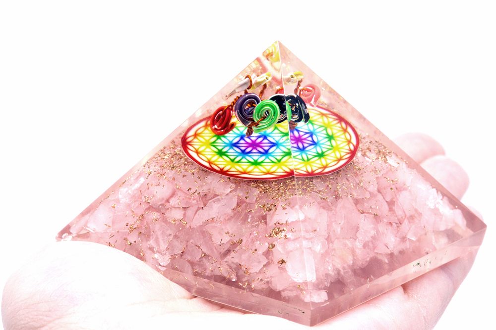 Orgonit Pyramide - Rosenquarz, Regenbogen Blume des Lebens (Groß)