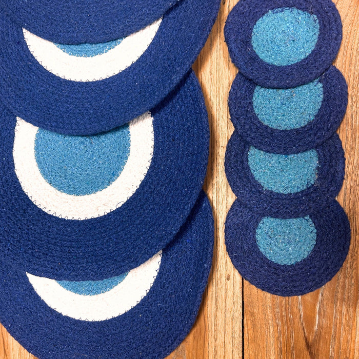 Set aus Jute-Seil-Tischsets und Untersetzern (je 4 Stück) – Böser Blick