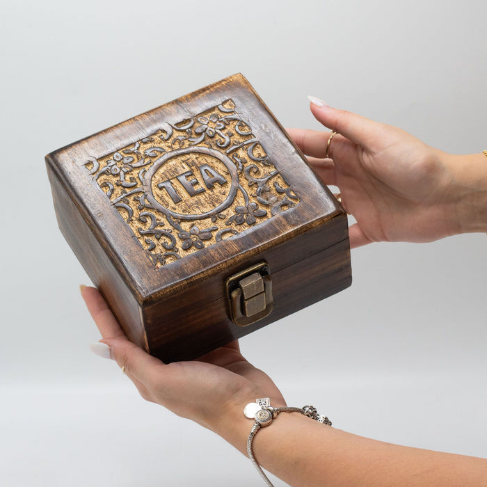 Carved Mango Wood Tea Box - 4 Compartments
