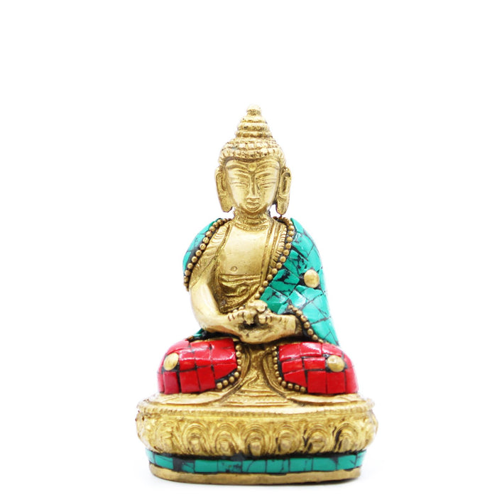 Figur eines Buddha aus Messing und farbigen Steinen – Amitabha (Unendliches Leben)