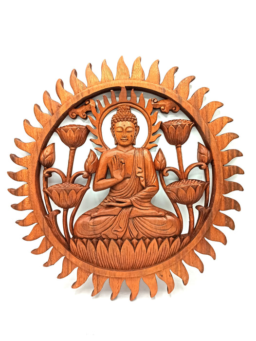 Hand-Carved Wooden Plaque - Buddha with Lotus Flowers