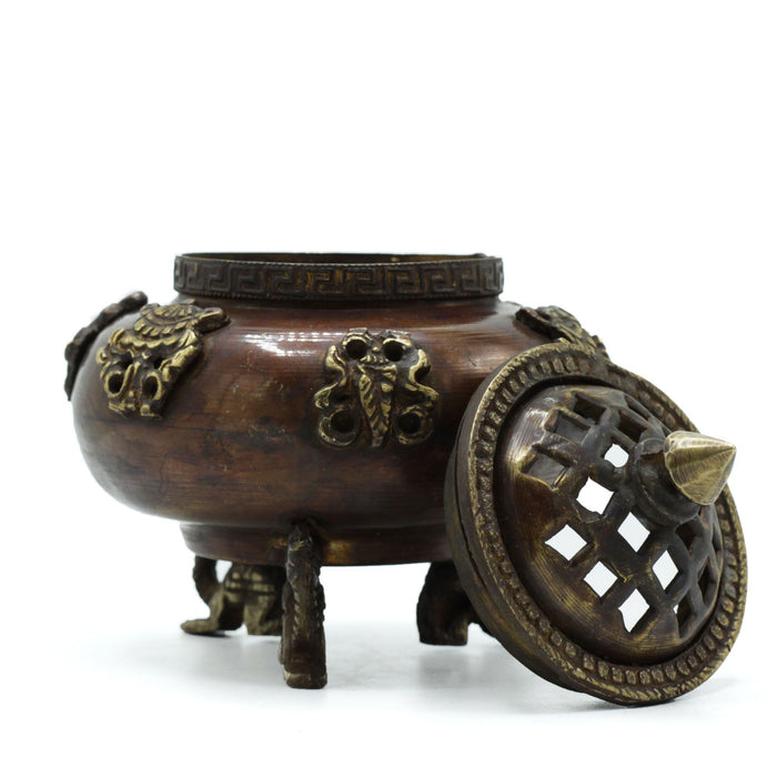 Brass Tibetan Incense Burner - Standing Pot, Six Symbols