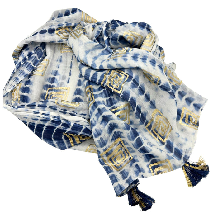 Pareo aus Baumwolle – Blaues Batikmuster & Gold-Blockprint