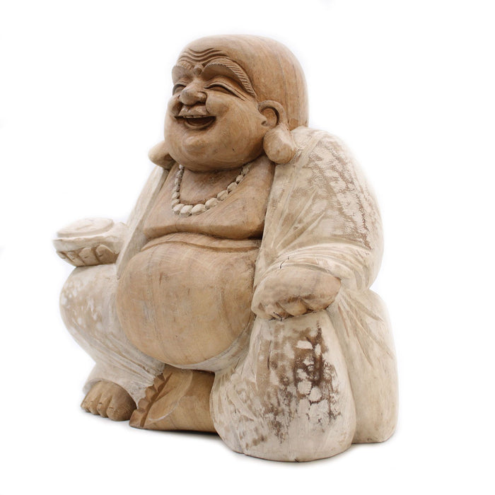 Geschnitzter Holz-Glücks-Buddha – Weiß getüncht 30 cm
