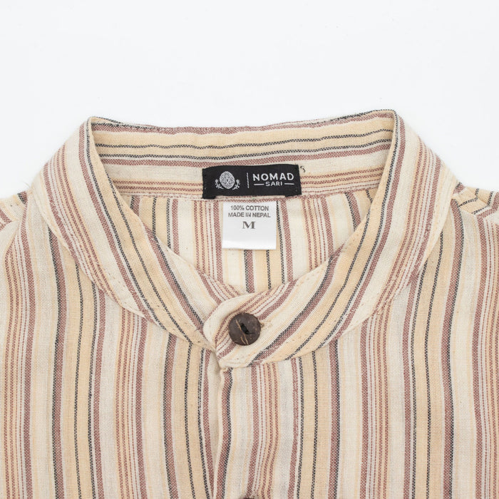 Striped Cotton Grandad Shirt - Brown Beige (Medium)