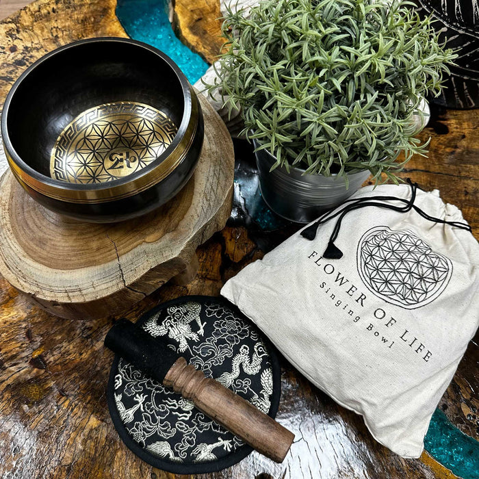Hand-Beaten & Engraved Singing Bowl Gift Set - Flower of Life