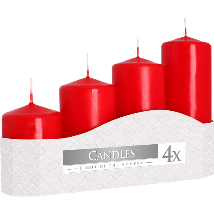 Set of 4 Pillar Candles - Red, 50x70/90/110/130mm