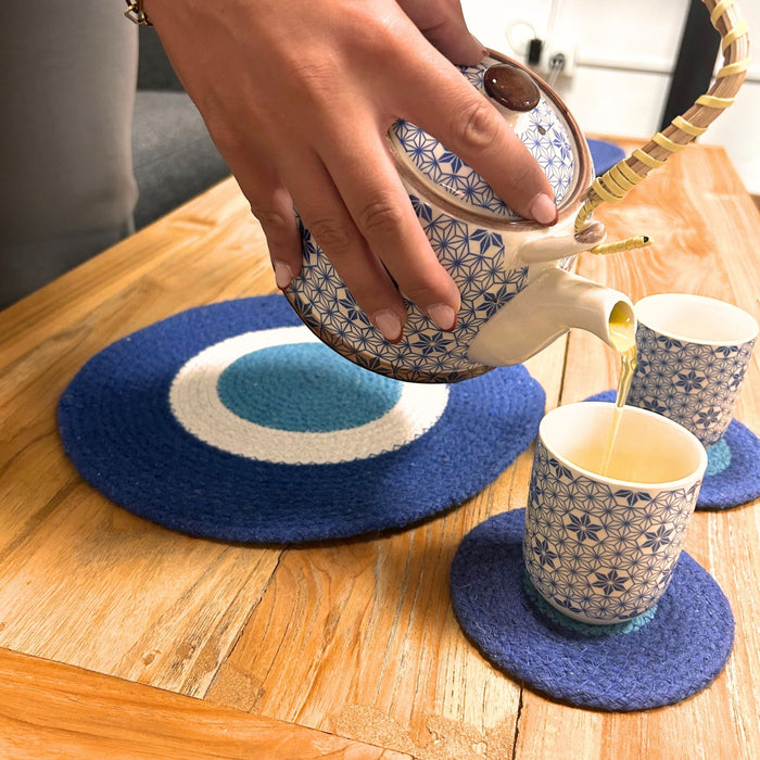 Set aus Jute-Seil-Tischsets und Untersetzern (je 4 Stück) – Böser Blick