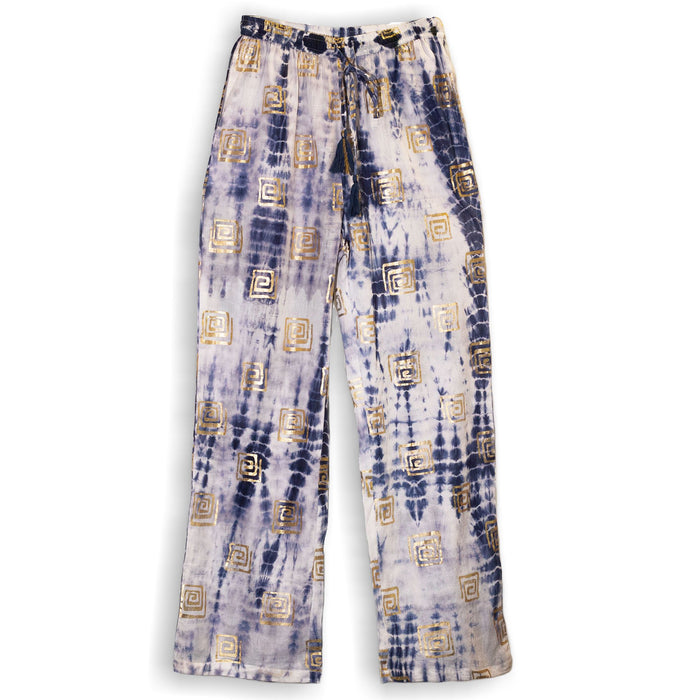 Baumwoll-Freizeithose (L/XL) – Blauer Batik & goldener Blockdruck