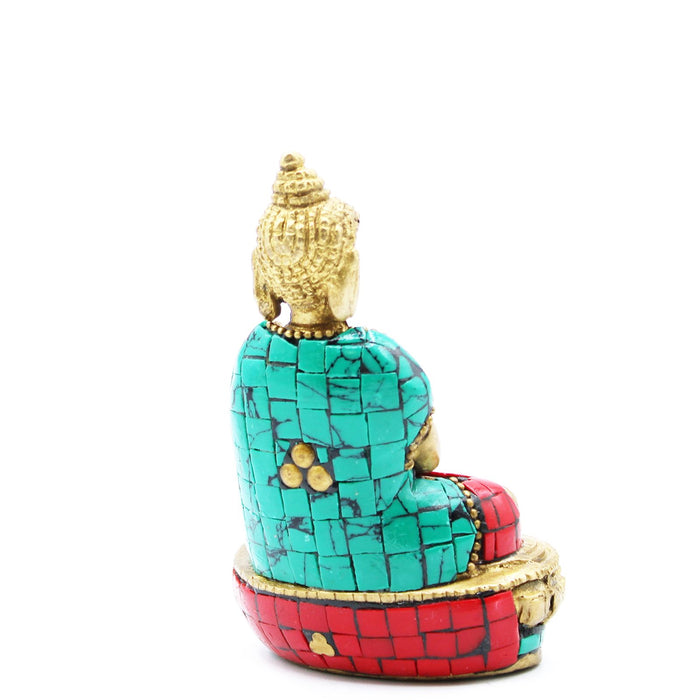 Figur eines Buddha aus Messing und farbigen Steinen – Amitabha (Unendliches Leben)