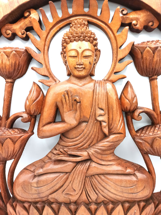 Hand-Carved Wooden Plaque - Buddha with Lotus Flowers