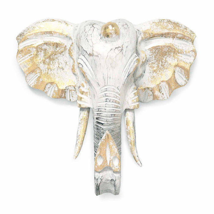 Large Albasia Wood Elephant Head - Gold & Whitewash