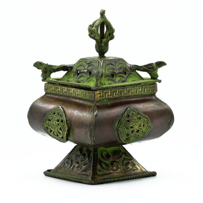 Tibetan Verdigris Brass Incense Burner - Square Standing Pot, Four Symbols
