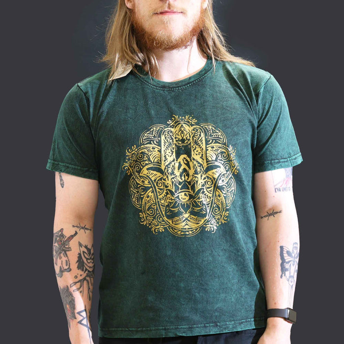 Stonewashed Baumwoll-T-Shirt – Hamsa, Grün (Large)