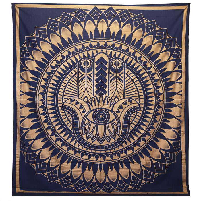 Double Cotton Bedspread / Wall Hanging - Hamsa - Blue & Gold