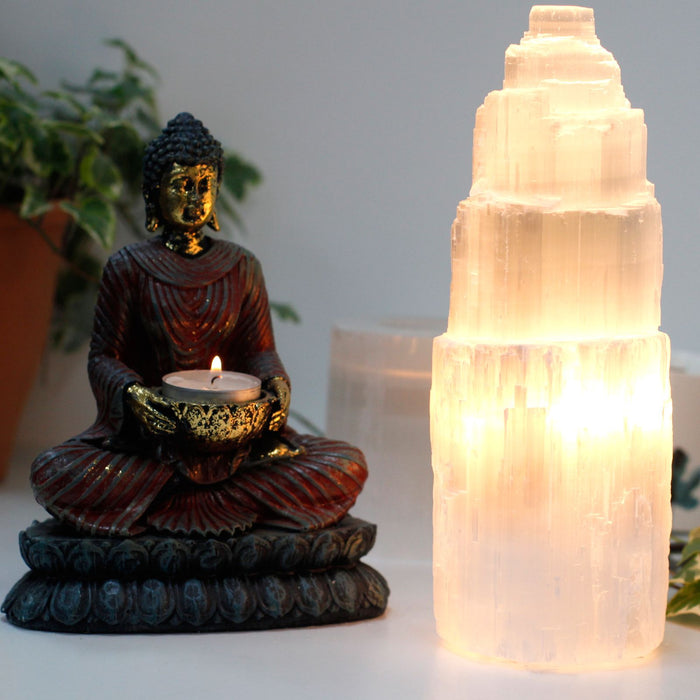 Natur Selenit Turmlampe (25 cm)