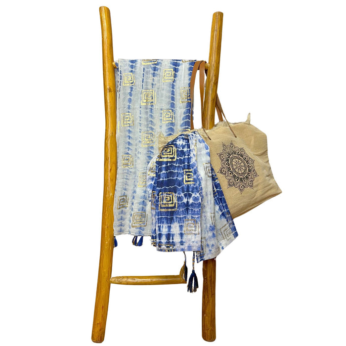 Pareo aus Baumwolle – Blaues Batikmuster & Gold-Blockprint