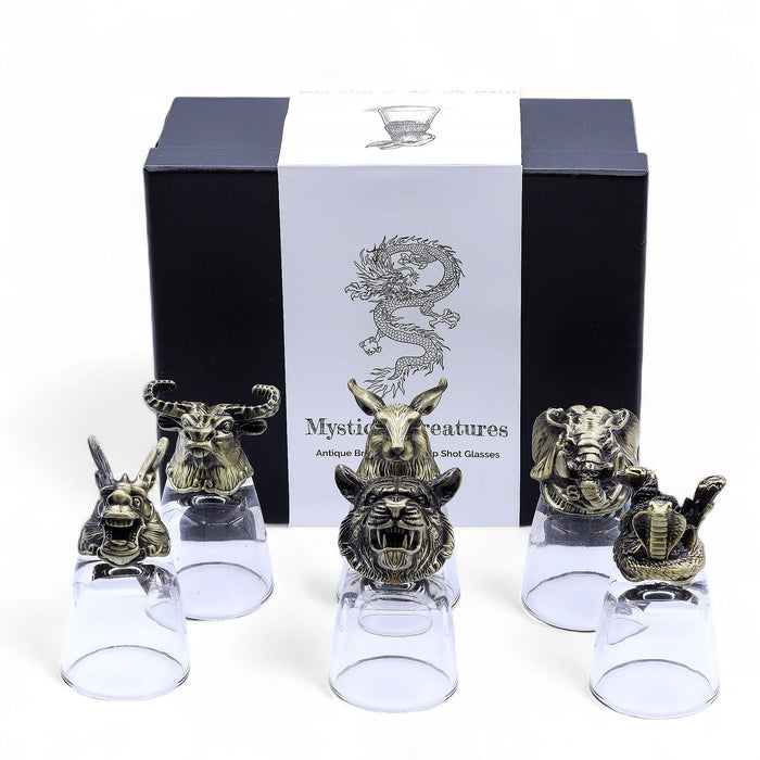 Gift Set of 6x 'Bottoms Up' Shot Glasses (50ml) - Mystical Creatures, Antique Bronze
