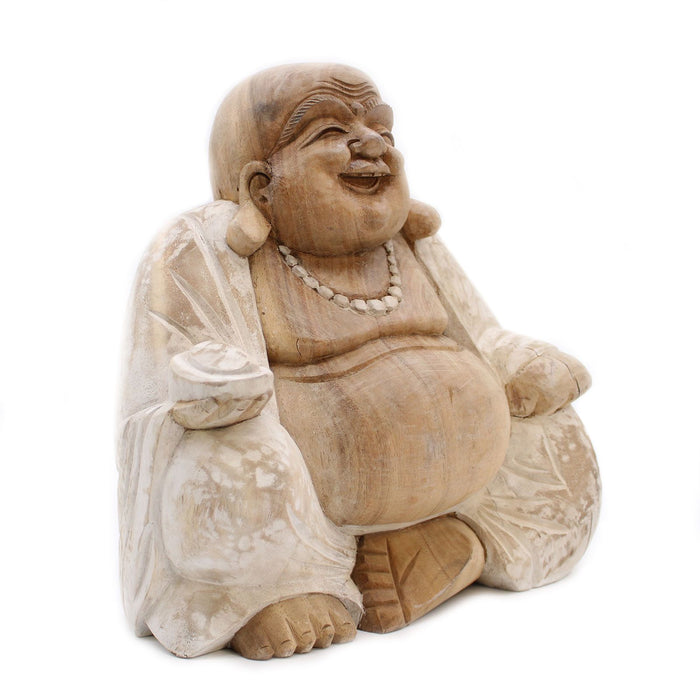 Geschnitzter Holz-Glücks-Buddha – Weiß getüncht 30 cm
