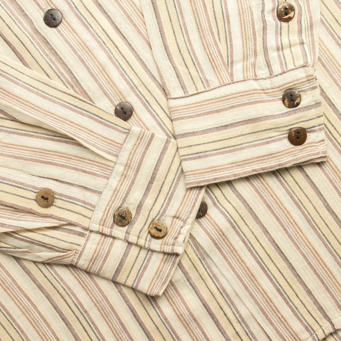 Striped Cotton Grandad Shirt - Brown Beige (Medium)