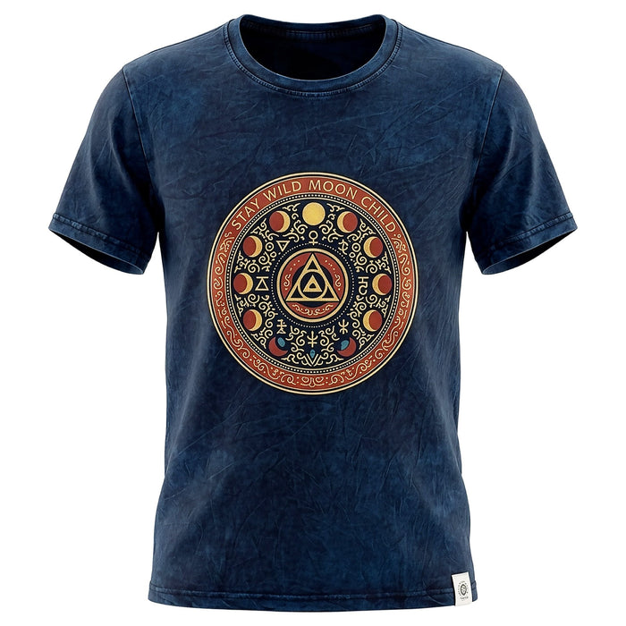 Stonewashed Baumwoll-T-Shirt - Stay Wild Moon Child, Blau (XL)