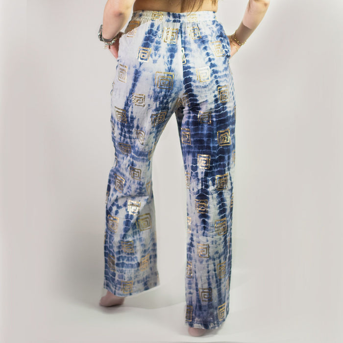 Baumwoll-Freizeithose (L/XL) – Blauer Batik & goldener Blockdruck