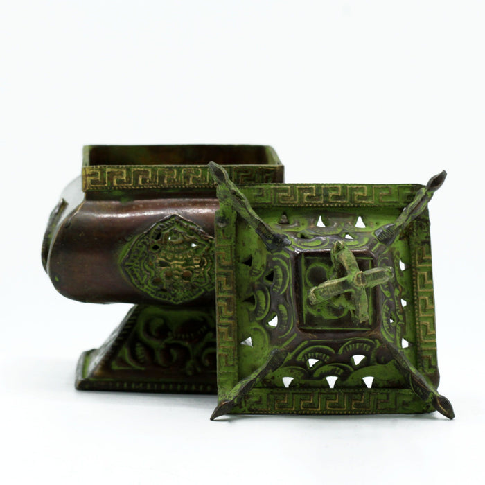 Tibetan Verdigris Brass Incense Burner - Square Standing Pot, Four Symbols