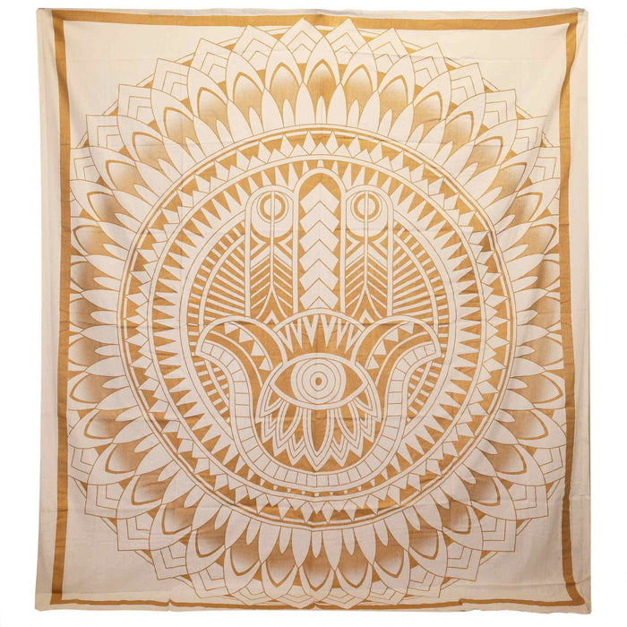 Double Cotton Bedspread / Wall Hanging - Hamsa - White & Gold