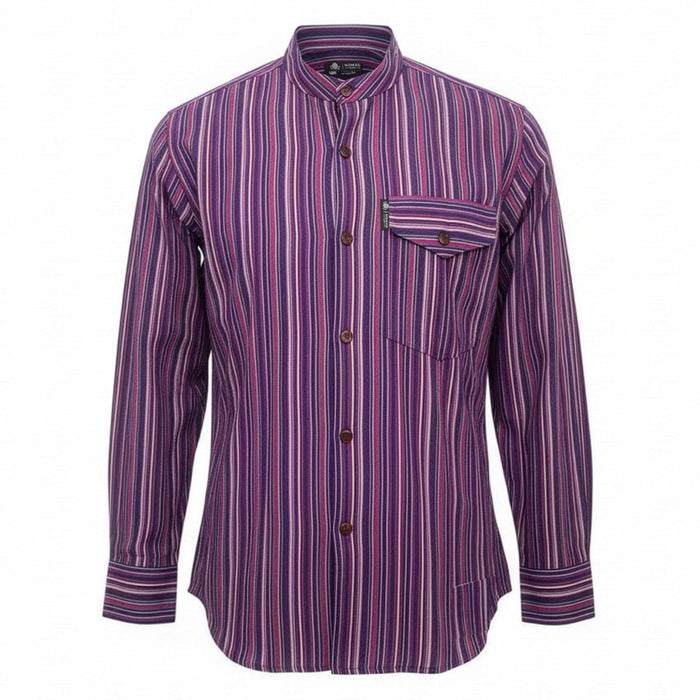 Striped Cotton Grandad Shirt - Black Purple (XL)