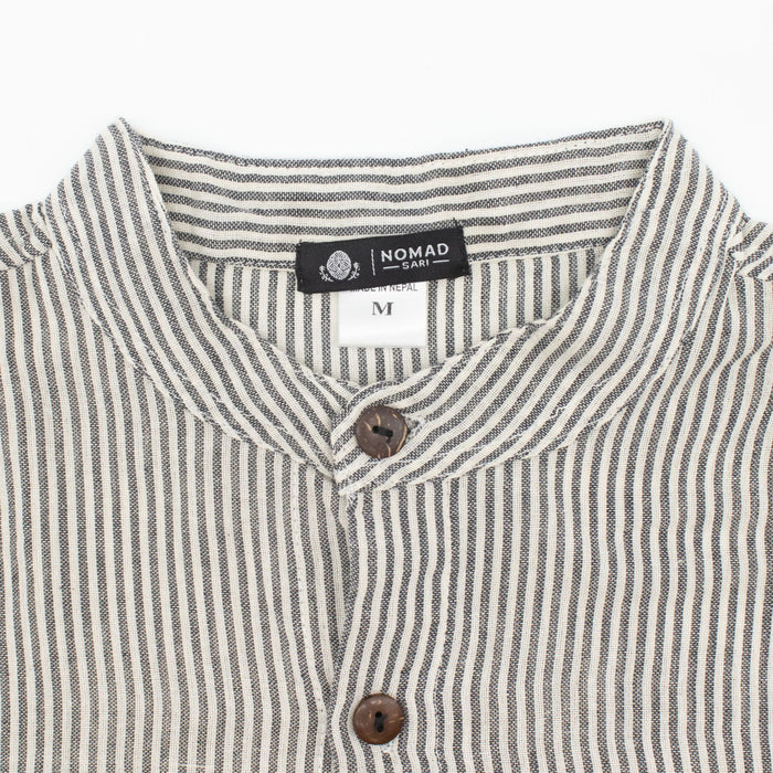 Striped Cotton Grandad Shirt - Grey Stone (Large)