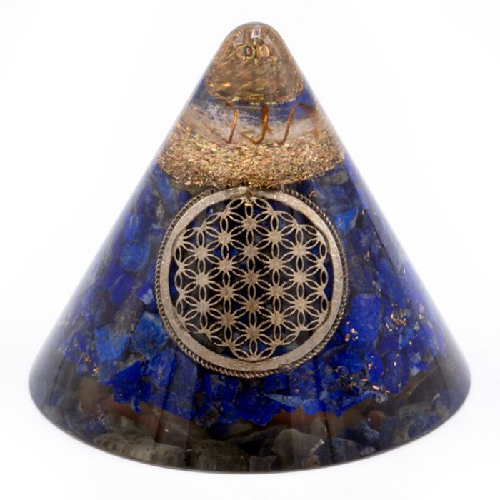 Orgonitkegel – Lapislazuli Blume des Lebens, schwebender Quarz (Groß)