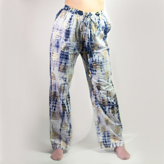 Baumwoll-Freizeithose (M/L) – Blau mit Batik & Gold-Blockdruck