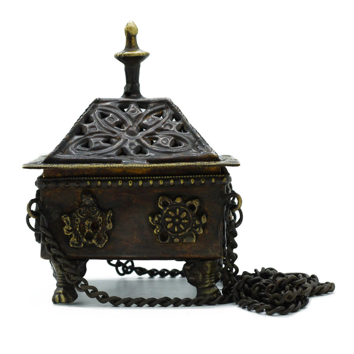Brass Tibetan Burner - Square Hanging Pot, Eight Symbols