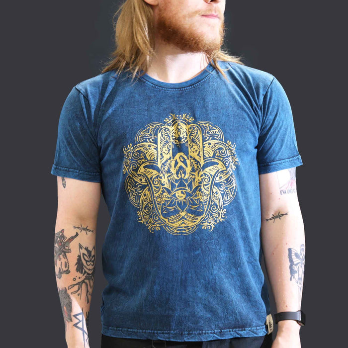 Stonewashed Baumwoll-T-Shirt – Hamsa, Blau (Groß)