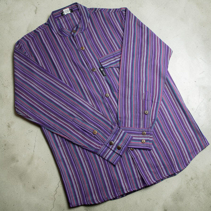 Striped Cotton Grandad Shirt - Black Purple (XL)