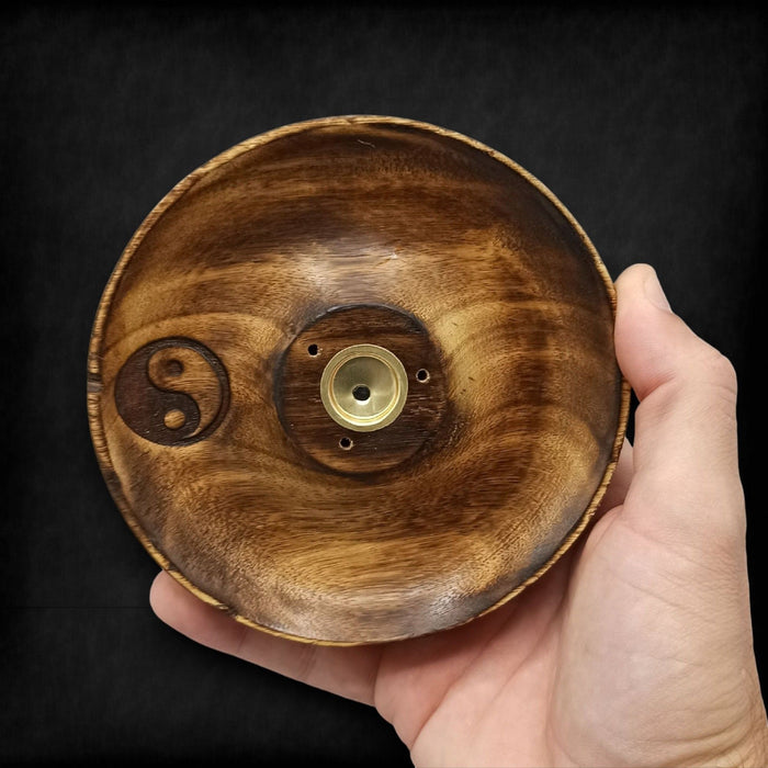 Räucherkegel- und Räucherstäbchenhalter aus Mangoholz – Yin- und Yang-Symbol