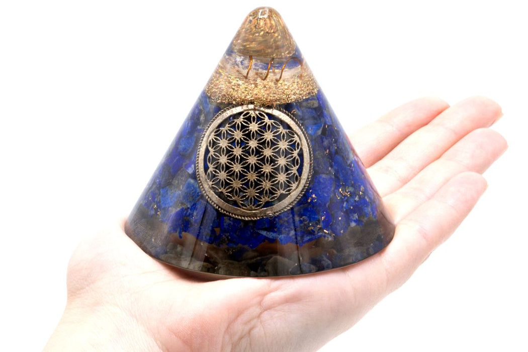Orgonitkegel – Lapislazuli Blume des Lebens, schwebender Quarz (Groß)