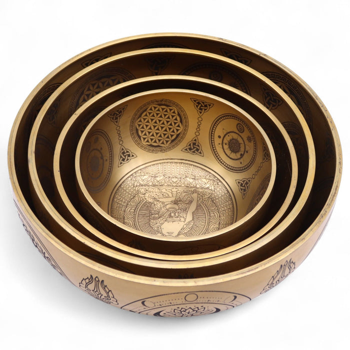 Set of 4 Etched Brass Singing Bowls - Buddha