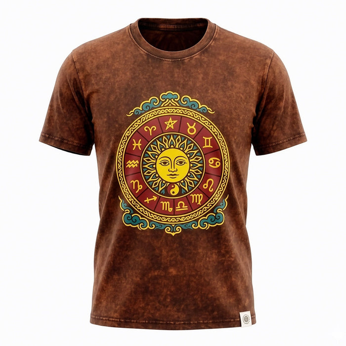 Stonewashed Baumwoll-T-Shirt – Sonne & Tierkreiszeichen, Braun (L)