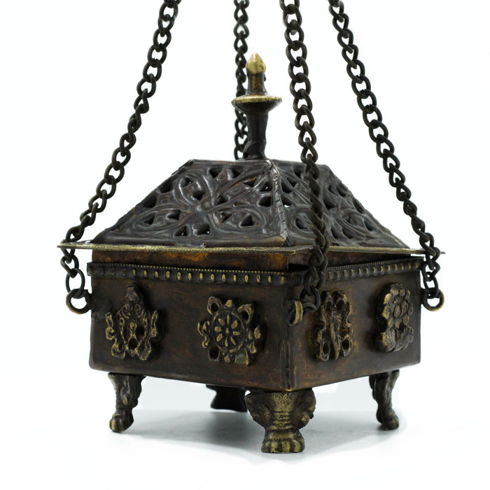 Brass Tibetan Burner - Square Hanging Pot, Eight Symbols