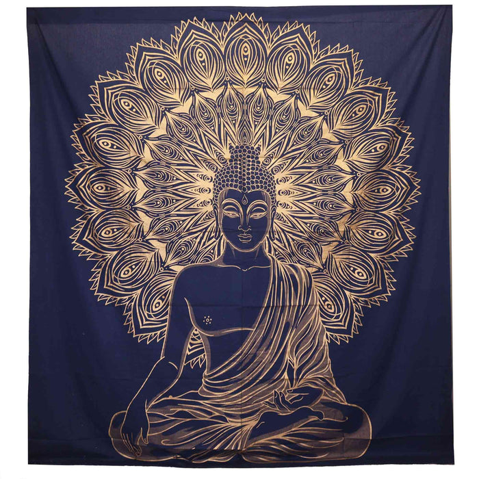 Double Cotton Bedspread / Wall Hanging - Buddha - Blue & Gold