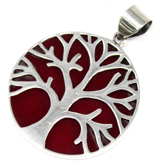 Sterling Silver & Coral Effect Pendant - Tree of Life (30mm)